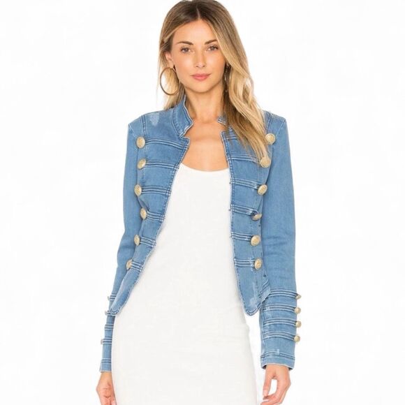 Free People Women's Fitted Military Denim Jean Jacket Indigo Blue Size Large - Picture 2 of 9